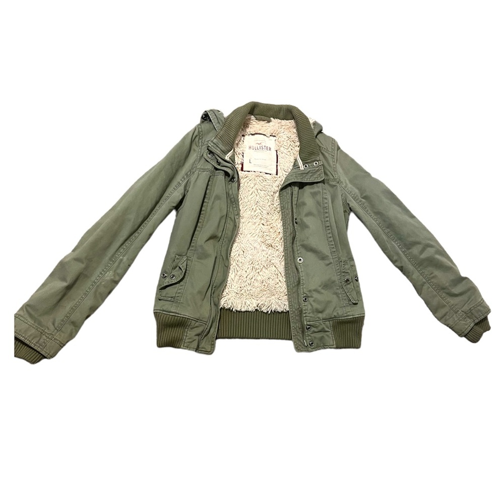 HOLLISTER | Womens Large Green Jacket | Coat | Fur | Hooded | Pockets | Zipper